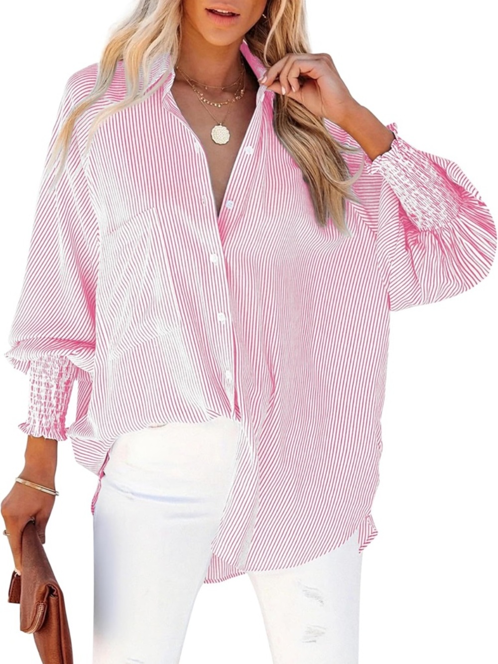 Pink Striped Oversized Button Down Shirt Smocked Cuff L - Picture 3 of 9